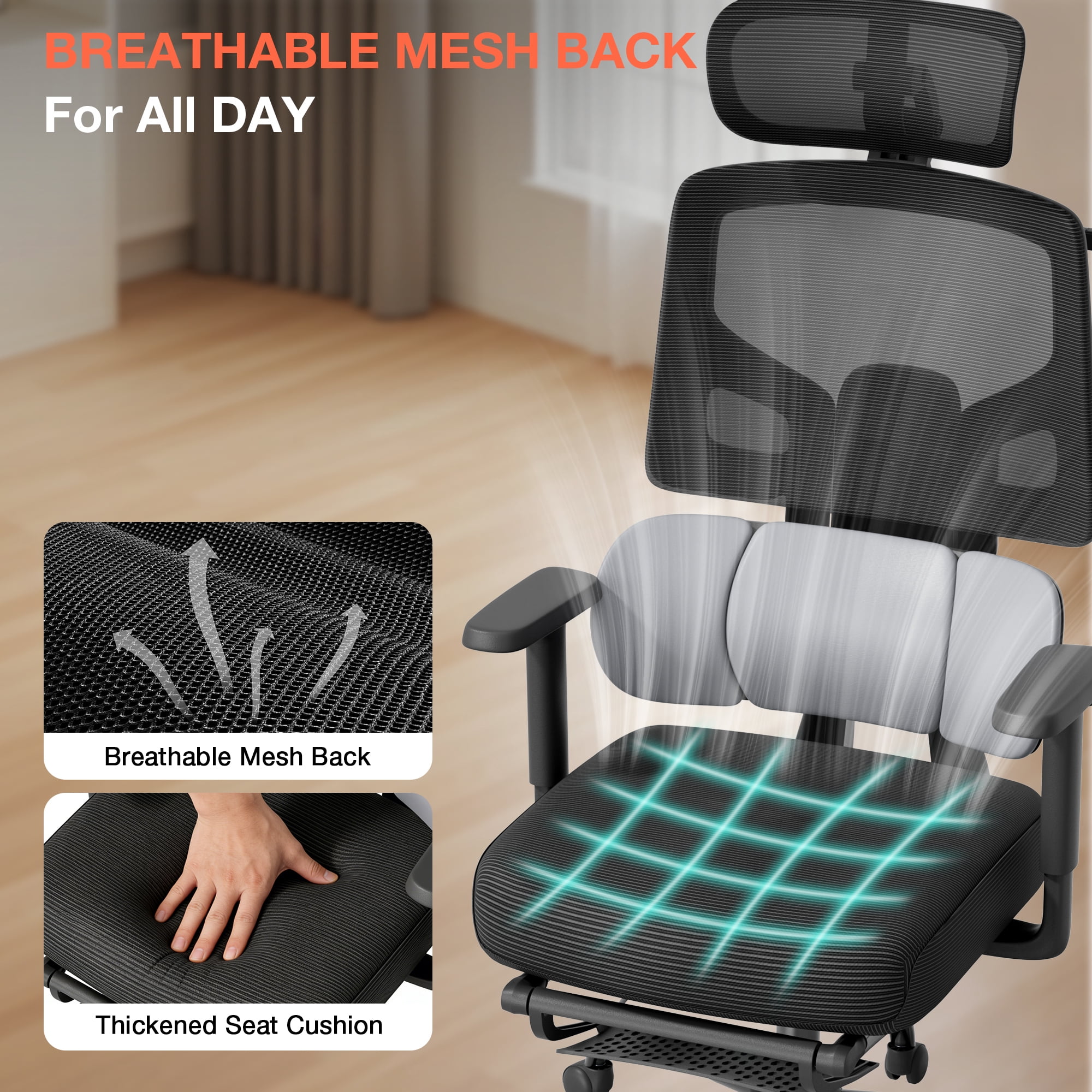 Mr IRONSTONE Ergonomic Office Chair with Footrest, Heavy Duty 400lbs Mesh Desk Chair with 3-Zone Lumbar Support, 145 Degree Reclining Computer Chair with Multi-Axis Armrests, Black