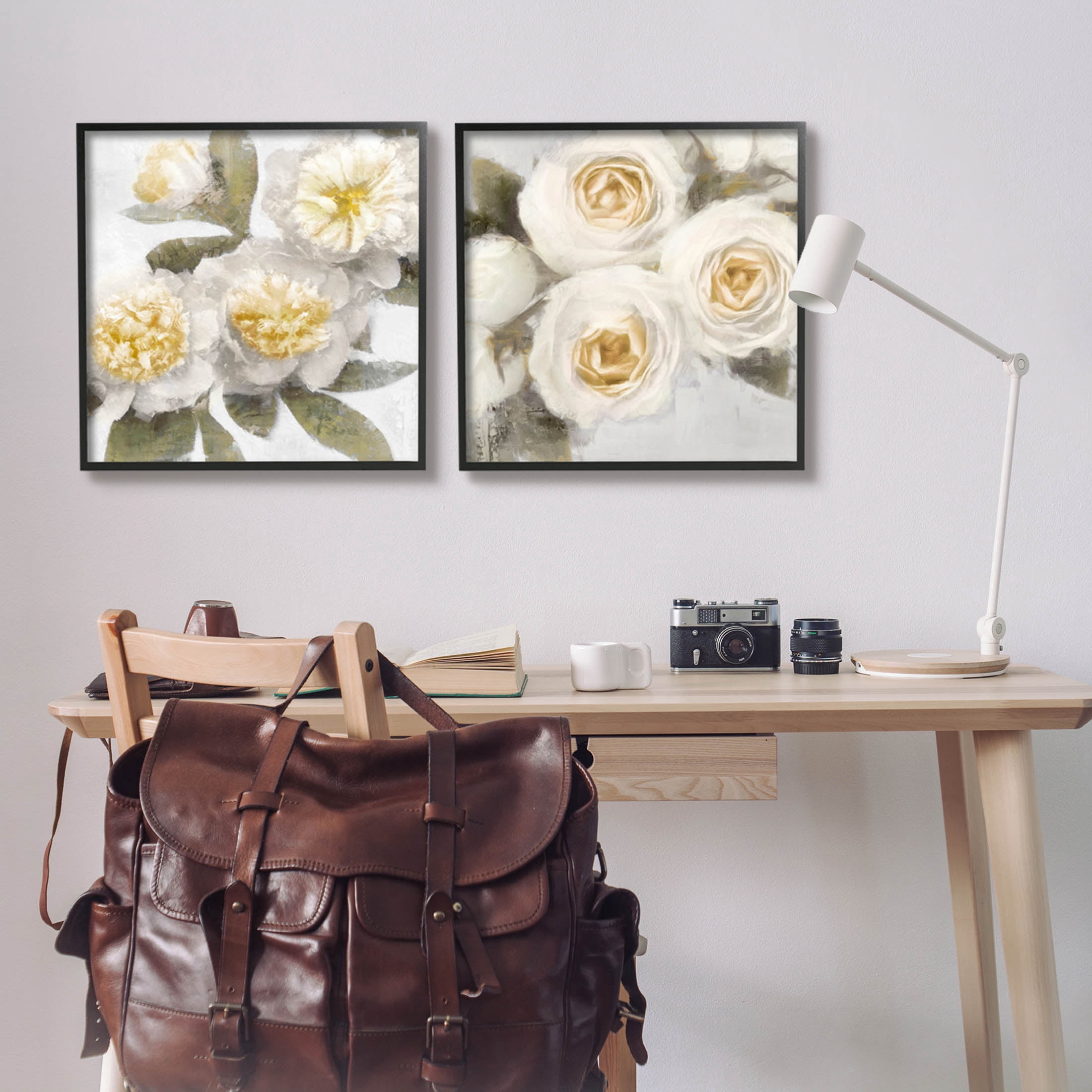 White Rose Flowers Traditional Botanical & Floral Graphic Art Black Framed Art Print Wall Art, Set of 2