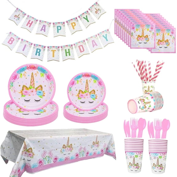 139 Pcs Ultimate Unicorn Birthday Decorations for Girls with Banner, Plates, Cups, Napkins, Cutlery and Tablecloths Party Supplies, Serves 16 Guests