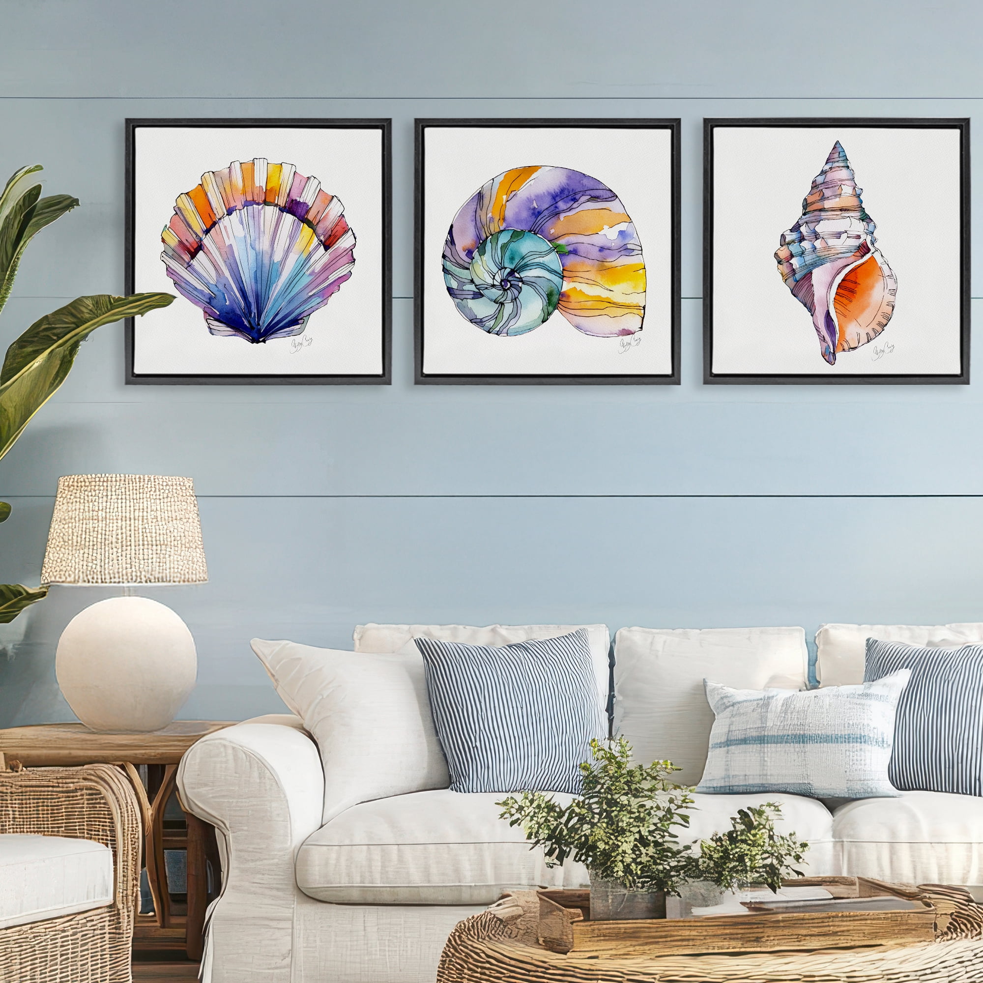 Stupell Industries Sunlit Seashells Watercolors 3 Piece Black Framed Floater Canvas Set, design by Shelly Craig