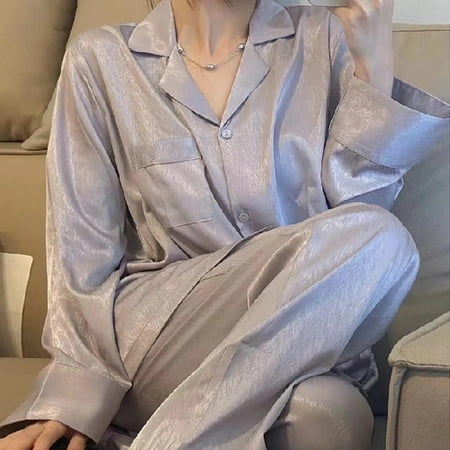 

DanceeMangoo 2 Piece Women Sleepwear Set Spring Autumn New Buttons Long Sleeve Pajamas Set for Woman Silk Fashion Luxurious Satin Pajama Set