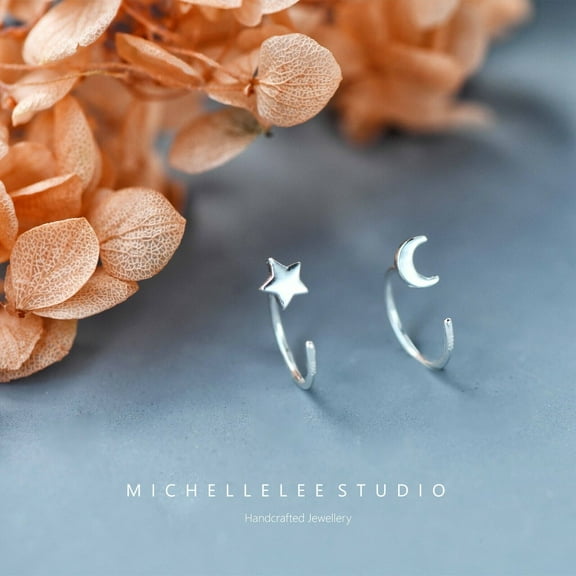 WEISIPU Sterling Silver Moon and Star Huggie Hoop Threader Earrings, Tiny Minimalist Earrings for Women