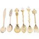 thumbnail image 1 of Juego de cubiertos de 6 piezas que incluye 5 cucharas de diseño vintage diferentes y 1 tenedor, juego de cubiertos elegante, regalos perfectos (dorado),11 Feliz Sencillez, 1 of 5