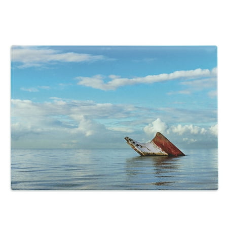 

Shipwreck Cutting Board Sunken Ship on Surface of Freshening Sea View with Cloudy Weather Nobody Print Decorative Tempered Glass Cutting and Serving Board Large Size Blue White by Ambesonne