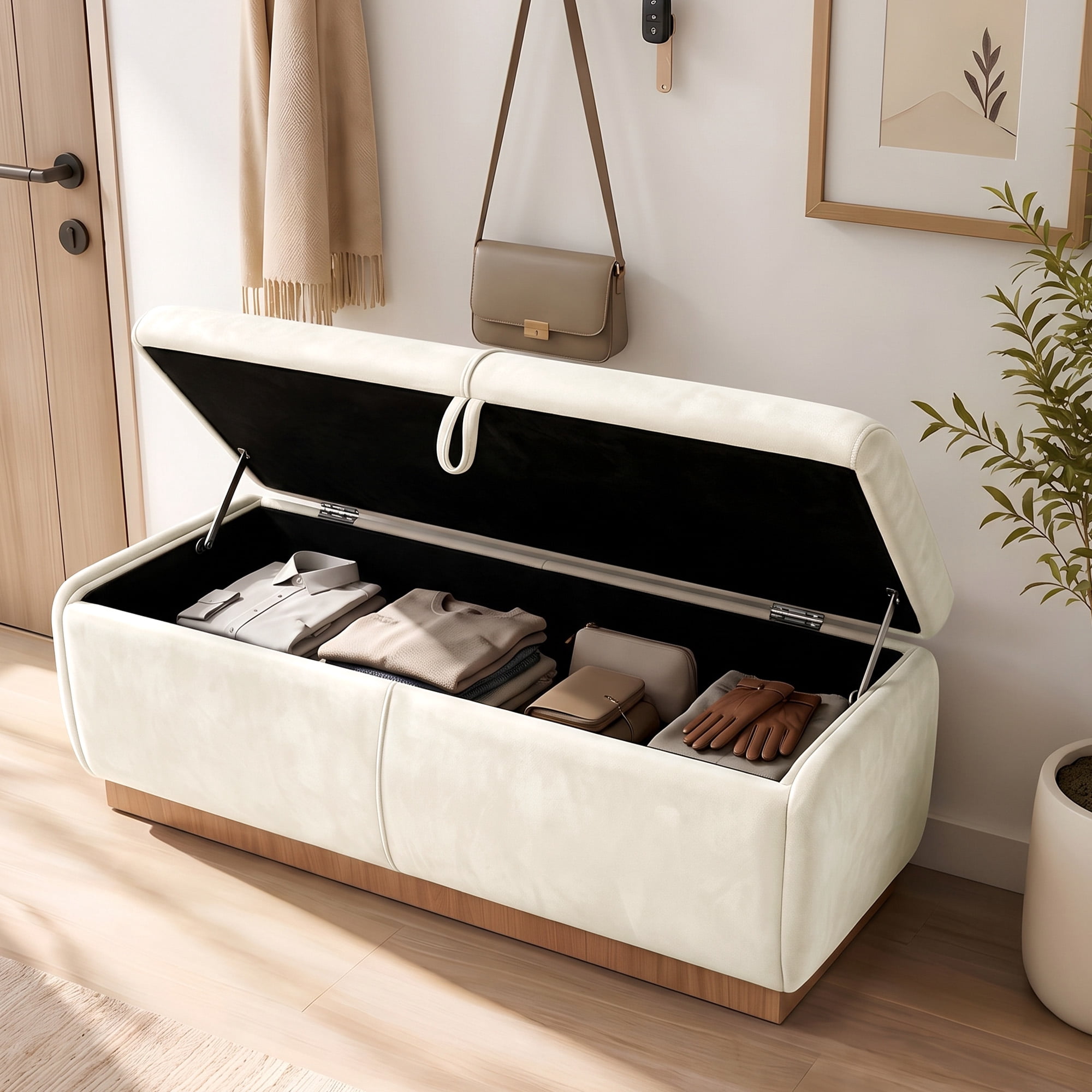 Euroco 47.2" Storage Ottoman Bench,Upholstered Footrest Entryway Bench, End of Bed Bench for Living Room Bedroom,Beige