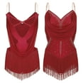 thumbnail image 5 of YiZYiF Women's Rhinestone Latin Dance Costume Ruched Mesh Tassel Samba Rumba Jazz Leotard Bodysuit Burgundy S, 5 of 6