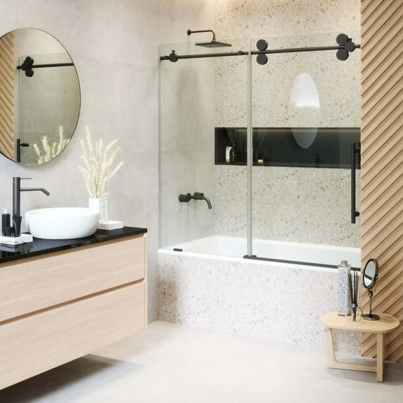 Fine Fixtures Tub Door Sliding Frameless Tempered Glass 60" W x 66" H Black Finish