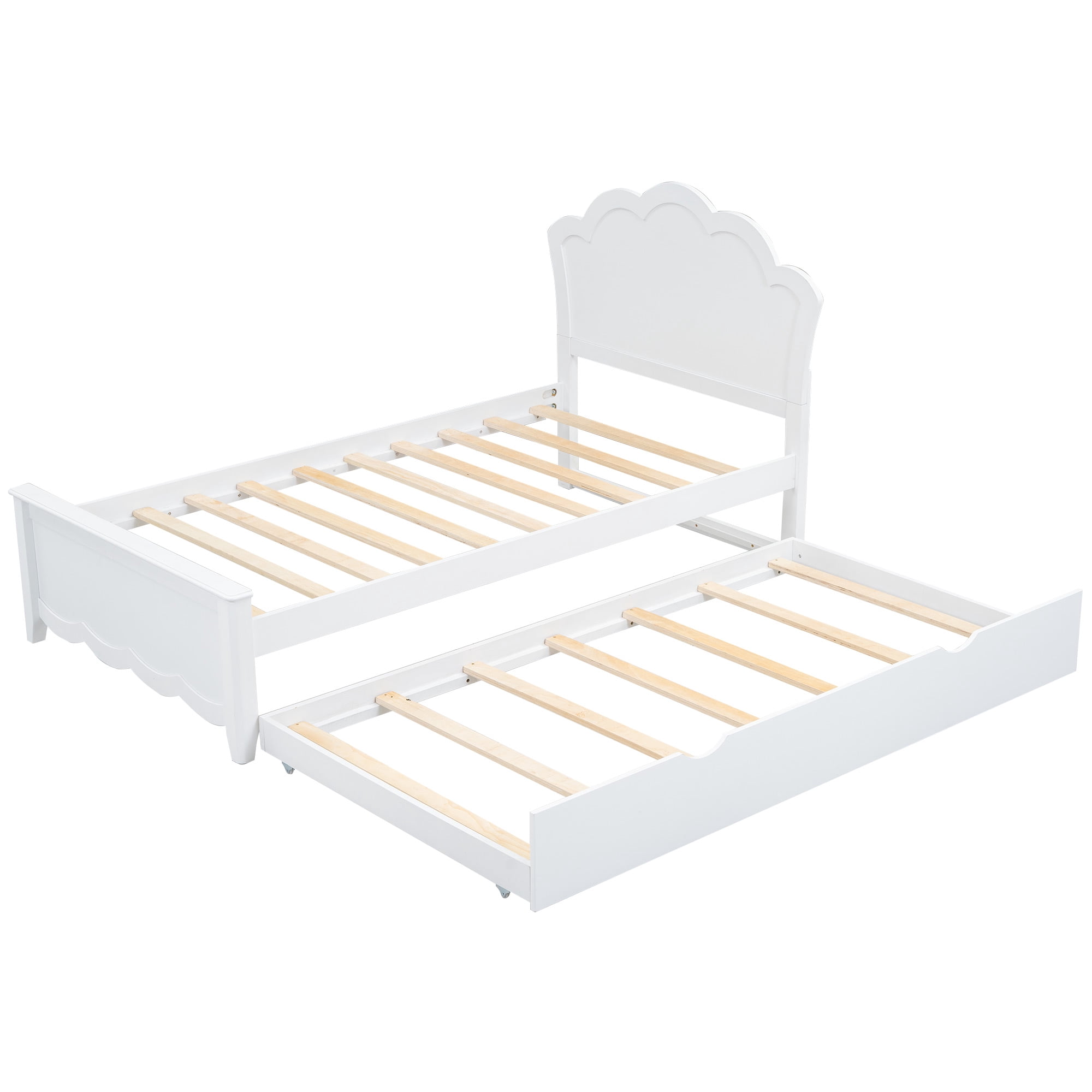 Euroco Wood Twin Size Platform Bed Frame, Heavy Duty Storage Bed with Trundle Bed for Kids and Adults, No Box Spring Needed, White