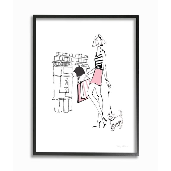Stupell Industries Chic Paris Fashion Dog Walker Pink Black Sketch Framed Wall Art Design by Avery Tillmon, 16" x 20", Black Framed