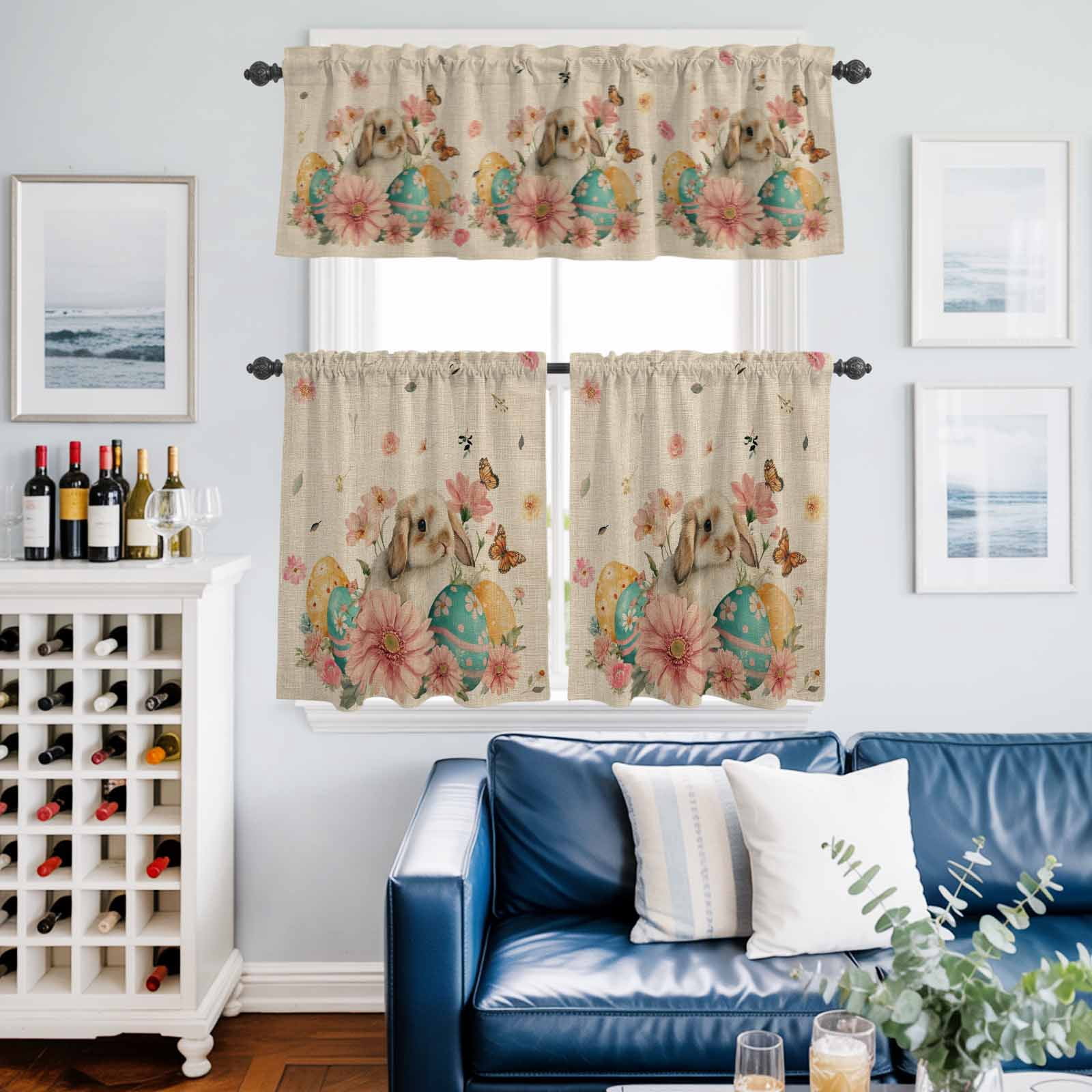 Easter Rabbit Kitchen Curtains Valances 3 Piece Set, Watercolor Eggs Pink Floral Butterfly Linen Texture Rod Pocket Tier Curtain and Valance Drapes for Small Window 24 Inch Length for Bedroom Cafe