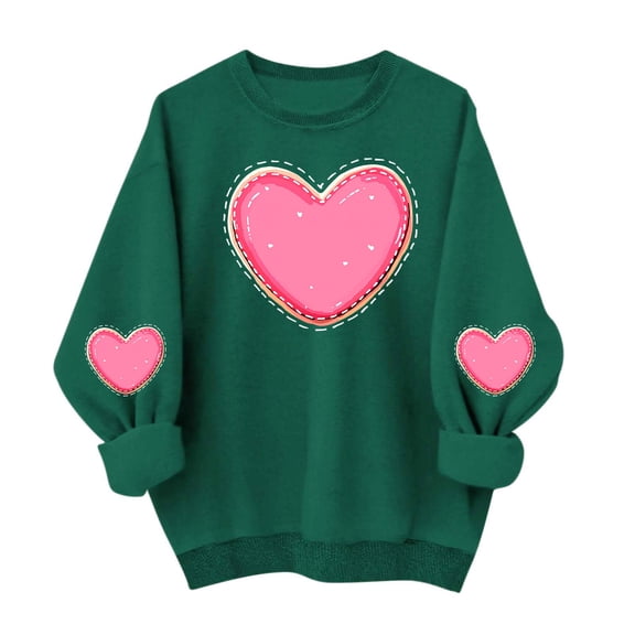 Amidoa Pullover Tops for Women Green Valentines Oversized Sweatshirts Going out Heart Crew Neck Tees Womens T Shirts L