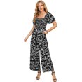 thumbnail image 1 of Love Welove moda mujer Floral manga corta cintura alta pantalones de pierna ancha Casual suelto recogido mono negro LeafXX-Large, 1 of 5