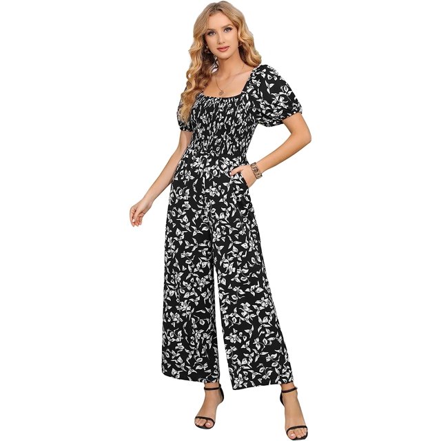 Love Welove moda mujer Floral manga corta cintura alta pantalones de pierna ancha Casual suelto recogido mono negro LeafXX-Large