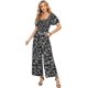 thumbnail image 1 of Love Welove moda mujer Floral manga corta cintura alta pantalones de pierna ancha Casual suelto recogido mono negro LeafX de talla grande, 1 of 5