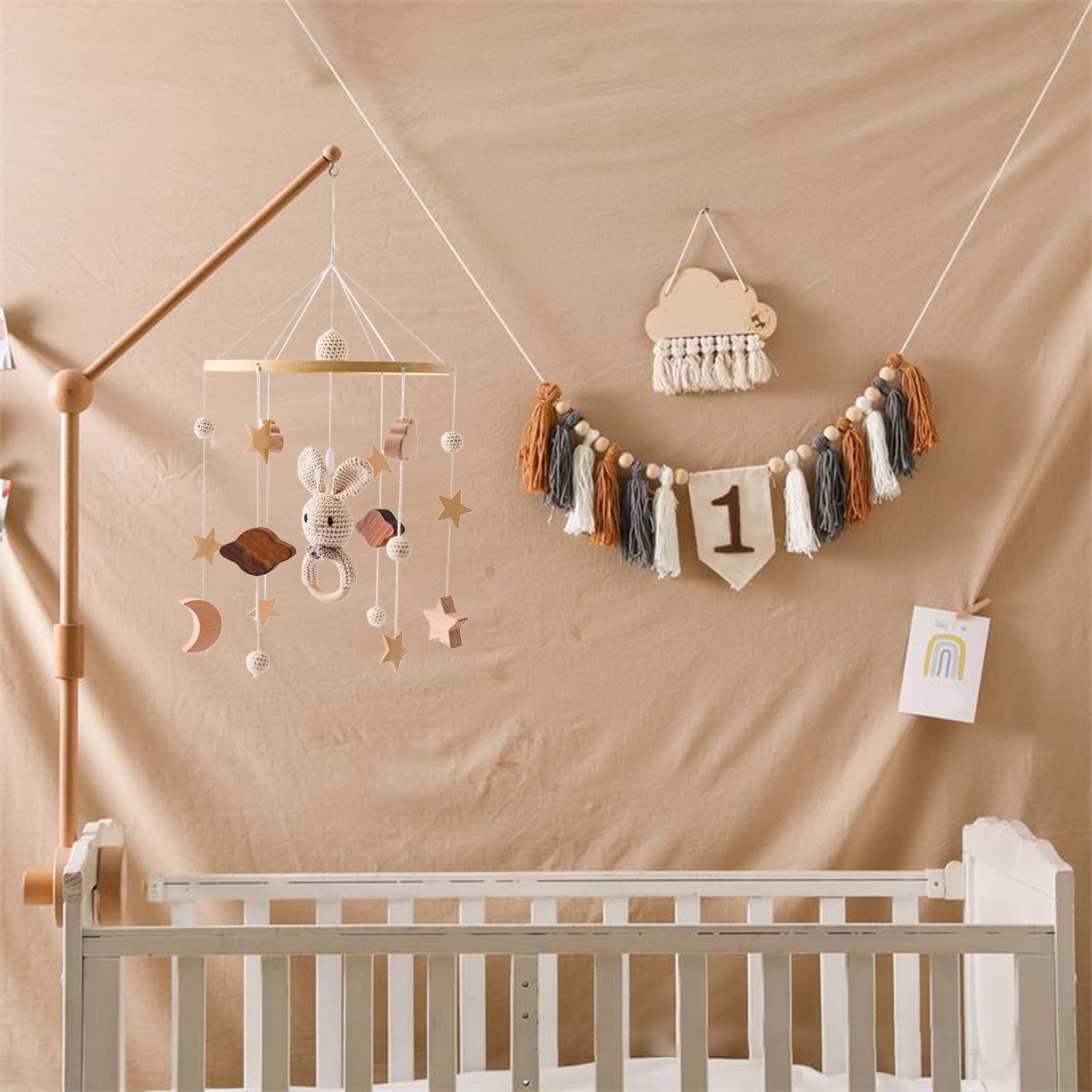 Baby Crib Mobile Wooden Hanging Baby Bed Cute Rabbit Animals Wood Crocheted Mobile Toys for Bedroom Nursery