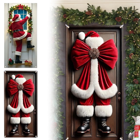 Funny Christmas Door Banner 71x35 Inch Climbing Santa Claus Design - Upgraded Fabric Material Door Frame Cover for Holiday Decoration