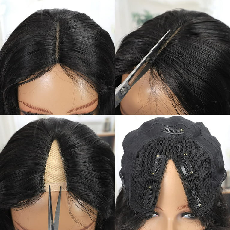 Straight V Part Wigs Human Hair for Women Brazilian Human Hair Wigs No Lace Wigs with Straps Combs Clip in Half Wig No Leave Out,No Glue,No Sew-In
