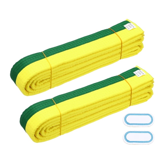 Uxcell Karate Belt, Martial Arts Ranking Belts with Name Tag Solid Cotton Double-Layered Core Long Uniform Training Equipment Fitting for (Taekwondo/Karate/Judo) 5.9ft&2Pcs&Yellow/Green