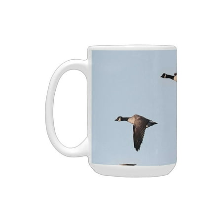 

Geese Decor Collection Canada Goose Branta Canadensis in Flight Clear Sky Traveling Feather Picture Ceramic Mug (15 OZ) (Made In USA)