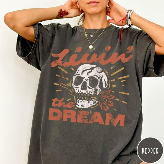 Livin' the Dream Comfort Colors T-Shirt, Vintage Distressed Skull Shirt, Oversized Retro Grunge Tee, Trendy Grunge Indie Boho Graphic Tee