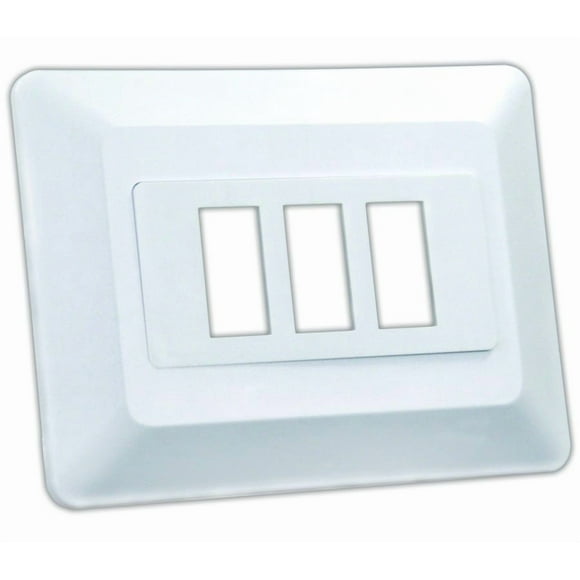 Faceplate Multi-Usage JR 13625 Triple Ouverture de Commutateur; Découpe de Commutateur 1.125 Pouces x 0.550 Pouces; Dimension Extérieure 3.750 Pouces x 4.875 Pouces; Blanc; avec Base de Commutateur