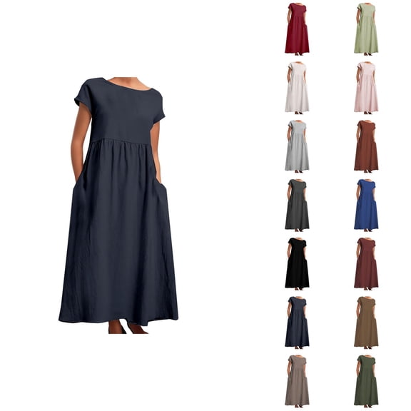 Tshirt Dress Women Cotton Linen Lightweight Short Sleeve Crewneck Loose Fit Smocked Flowy Maxi Dress with Side Pockets