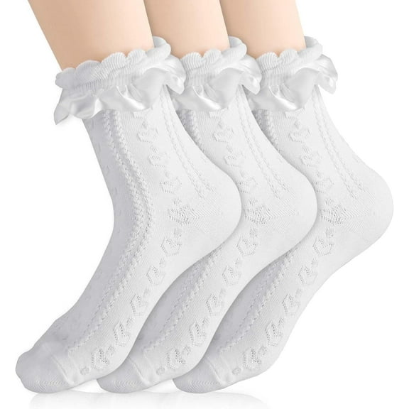 3 Pairs White Ruffle Socks Women Lace Socks Cute Frilly Socks Comfortable Cotton Socks Fancy Ankle Socks Lovely Socks Princess Lolita Socks for Women Grils