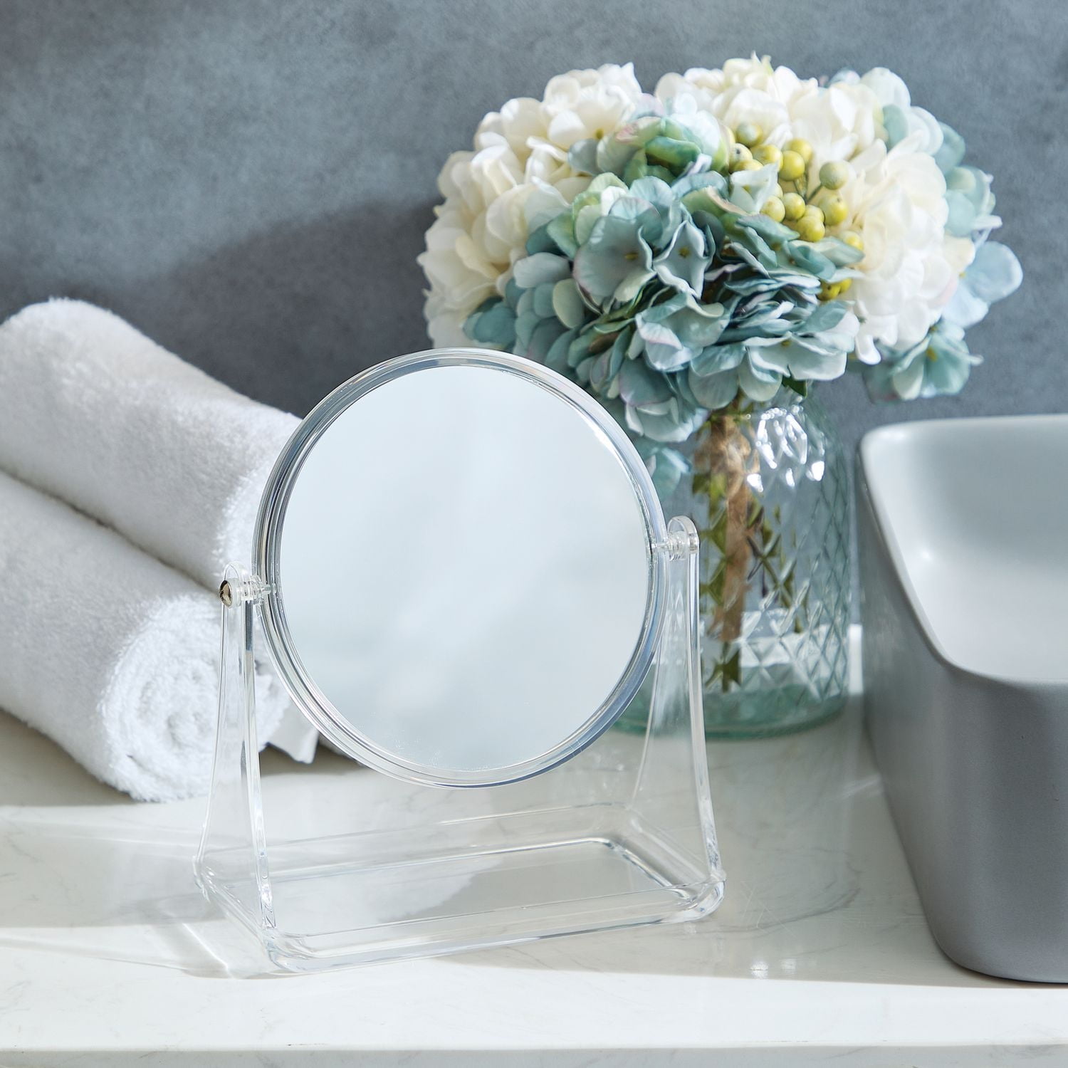 Miroir de courtoisie double face transparent Mainstays, 1 miroir de courtoisie avec cadre en plastique et plateau en plastique, grossissement 1x et 3x Grossissement 1x et 3x