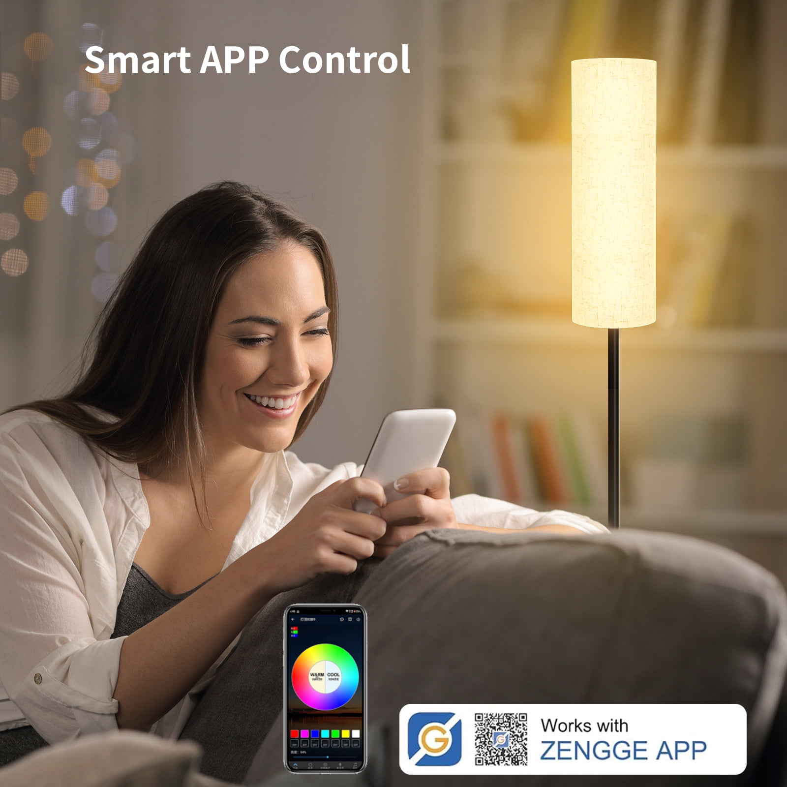 67" Floor Lamp with Smart RGB Bulb, with 16 Million DIY Colors & 20 Mode Music Sync, Timer Setting APP or Remote Control, 9W 800 Lumen Standing Lamp for Living Room Bedroom, Beige