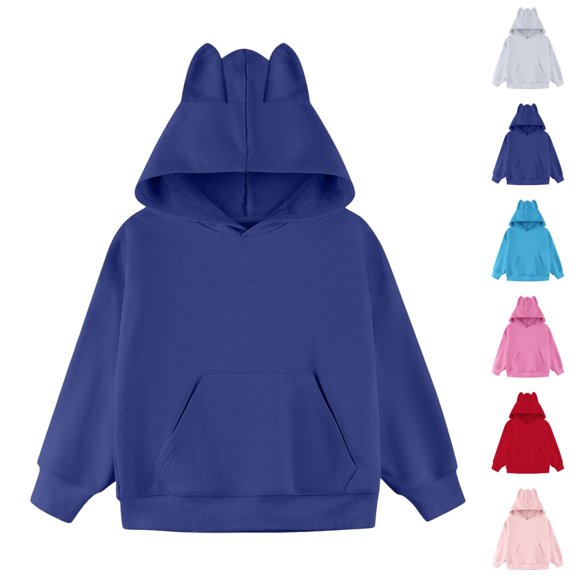 UDAUDU Hoodies For Girls Boys Cat Ear Solid Color Drawstring Pocket Hoodie Loose Fit Hooded Sweatshirt Fall Winter Casual Navy 2-3 Years