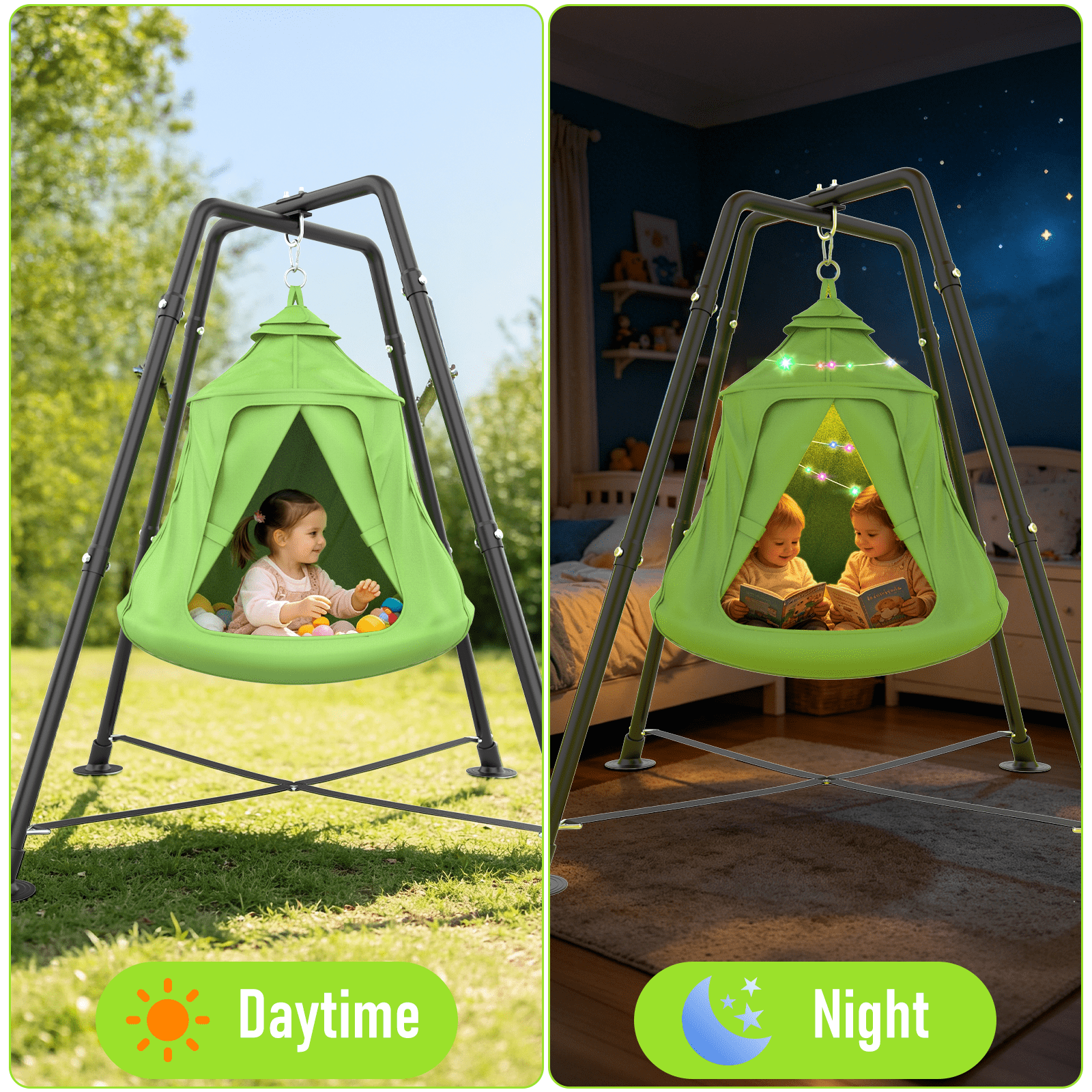Yacona X-Shaped Swing Set, Sensory Swing with Stand, 330lbs Swing Stand Frame with Play Tent, Hammock Chair for Kids and Adults, Green
