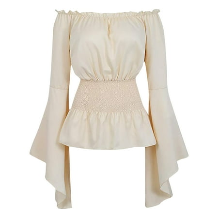 

solacol Womens Tops and Blouses Womens Tops 3/4 Sleeve Corset Top with Sleeves Womens Boho Vintage Ruffle Off Shoulder Corset Flare Sleeve Blouse Shirt Tops Off Shoulder Shirts for Women