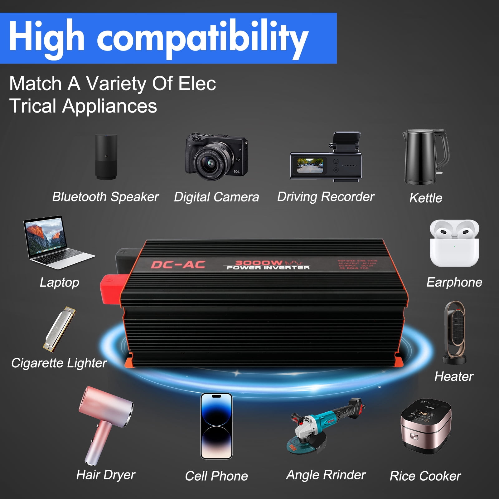 3000 Watt Power Inverter  12V DC to 110V/120V AC Converter Car Inverter with LCD Display & Remote Control
