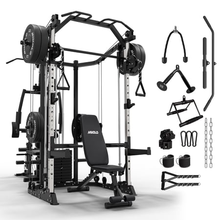 Mikolo Multi-Function Smith Machine Power Cage Home Gym with Cable Crossover System and 121LB Weight Stack