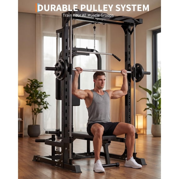 Multi-Function Smith Machine Power Cage Squat Rack for Home Gym – LAT Pulldown, Low Row, Pull-Ups, Bench Press & Rows – Heavy Duty Strength Training Equipment, Black