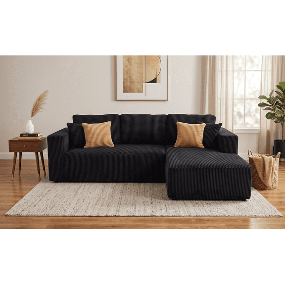 102" Modular Sectional Boneless Sofa, L-Shaped Cloud Couch with Right Facing Chaise, No Assembly Corduroy Sleeper Sofa, Plush Deep Seat Modular Couch with Toss Pillows for Living Room, Black