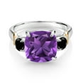 thumbnail image 2 of Gem Stone King 925 Silver and 10K Yellow Gold Purple Amethyst and Black Diamond 3 Stone Ring for Women (3.54 Cttw, Gemstone February Birthstone, Cushion 10MM, Round 4MM, Size 8), 2 of 3