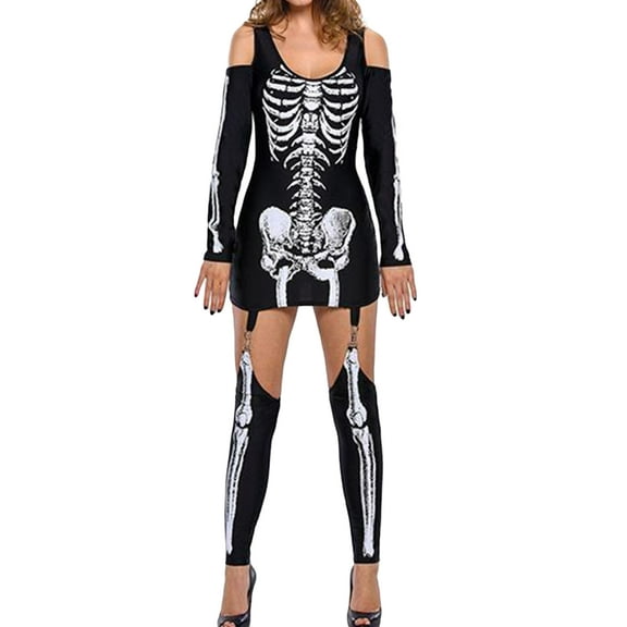 Genuiskids Women's Halloween Costume Skeleton Outfits Sexy Long Sleeve Bodycon Mini Dress with Stockings Jumpsuit Cosplay Show Props
