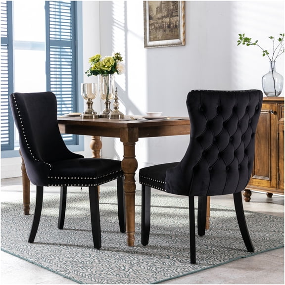 Upholstered Velvet Dining Chairs Set of 2, High Back Wingback Chairs with Nailhead Trim and Solid Wood Legs for Elegant Dining Room