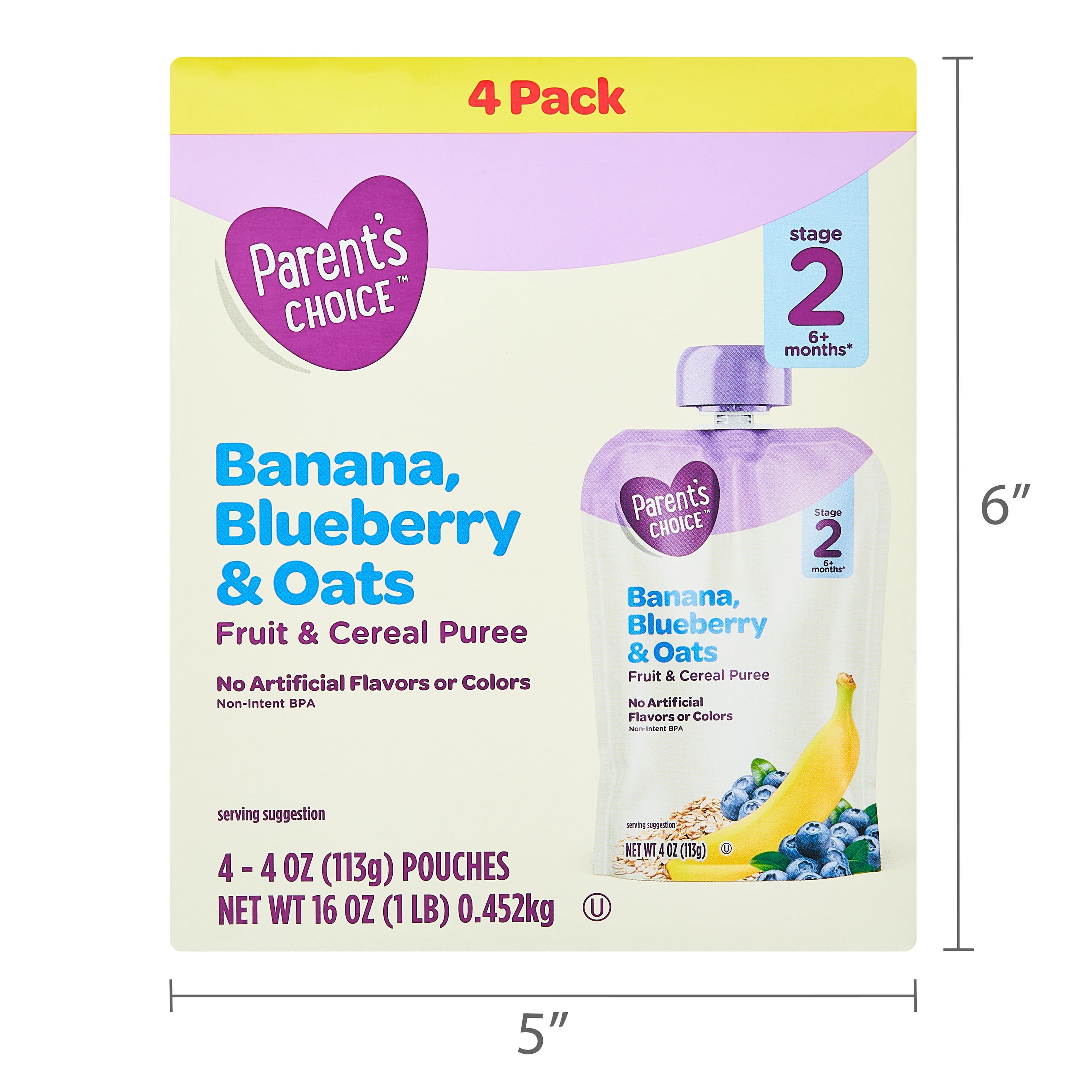 Parent's Choice Stage 2 Baby Food Banana Blueberry Oats Fruit and Cereal Puree, 4 oz Pouch, 4 Pack