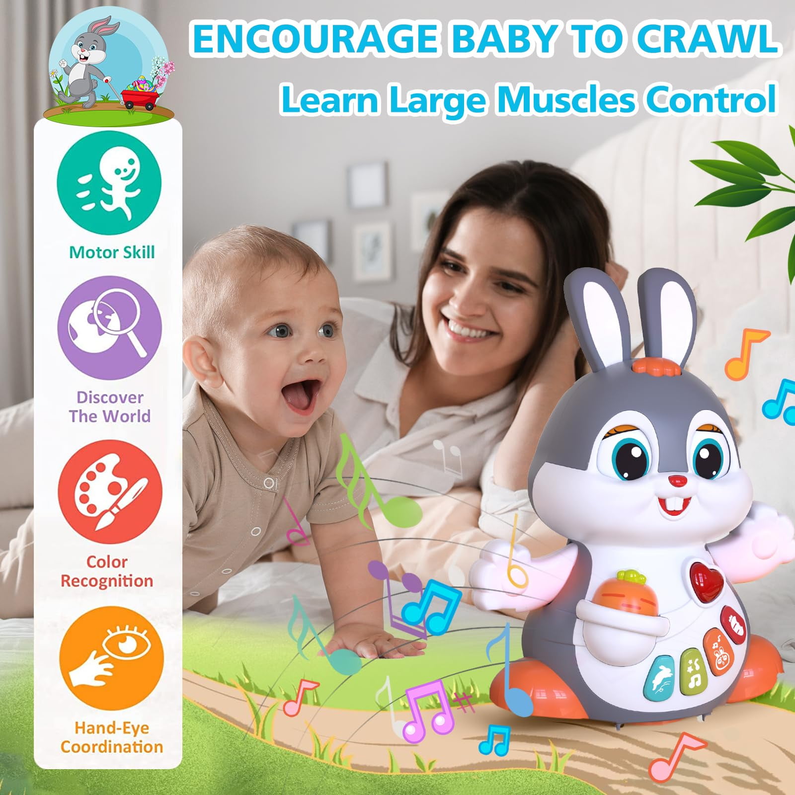 MOONTOY Easter Bunny Baby Toys 6 to 12 Months Infant Tummy Time Toys with Light & Sound, Musical Crawling Toys for Babies 3 4 5 6 7 8 9 10 11 12 Months Easter Basket Stuffers =, 1st Birthday Gifts