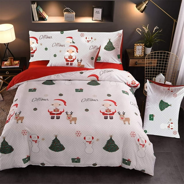 Christmas Tree Deer Santa Claus Printed Bedding Sets Quilt Cover Set No Comforter (White, Queen)