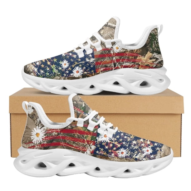 Zapatillas de running para mujer con estampado de mariposas y bandera de EE. UU., resistentes al desgaste, con amortiguación para exteriores, ligeras, con cordones