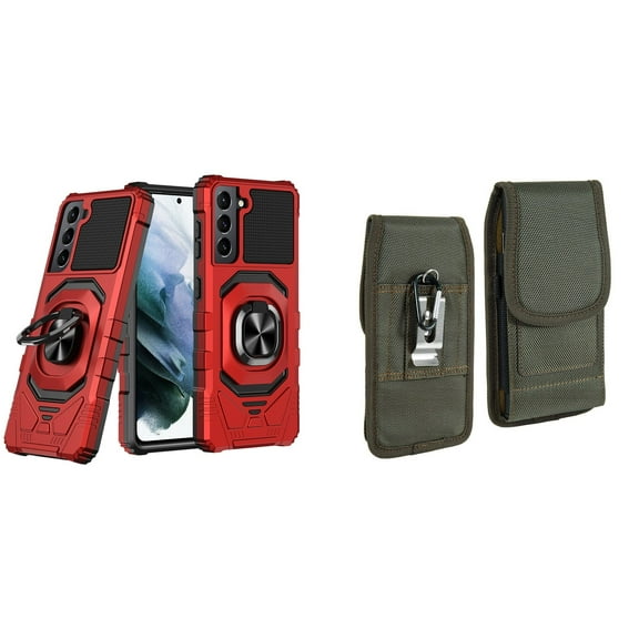Case with Belt Holster Bundle for Samsung Galaxy S22 Ultra: Heavy Duty Shield Cover (Red) and Vertical Rugged Nylon Phone Pouch (Midnight Green)