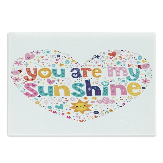 Saying Cutting Board, Heart Shaped Sunshine Words Stars Circle Sun Cloud Infant Design, Decorative Tempered Glass Cutting and Serving Board, Large Size, Multicolor, by Ambesonne