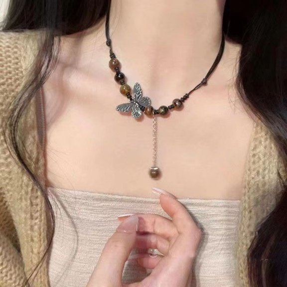 Y2K Vintage Butterfly Accent Adjustable Long Necklace With Dainty Dangling Bead Chain Casual Stackable Neck Jewelry