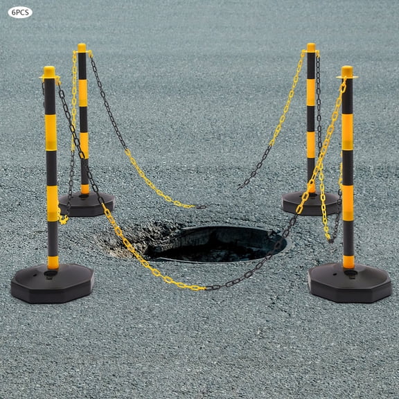 6pcs Yellow&Black Post and Chain Link Barriers Plastic Free Standing Safety Bollards for Hotels Parking Lots Lawn