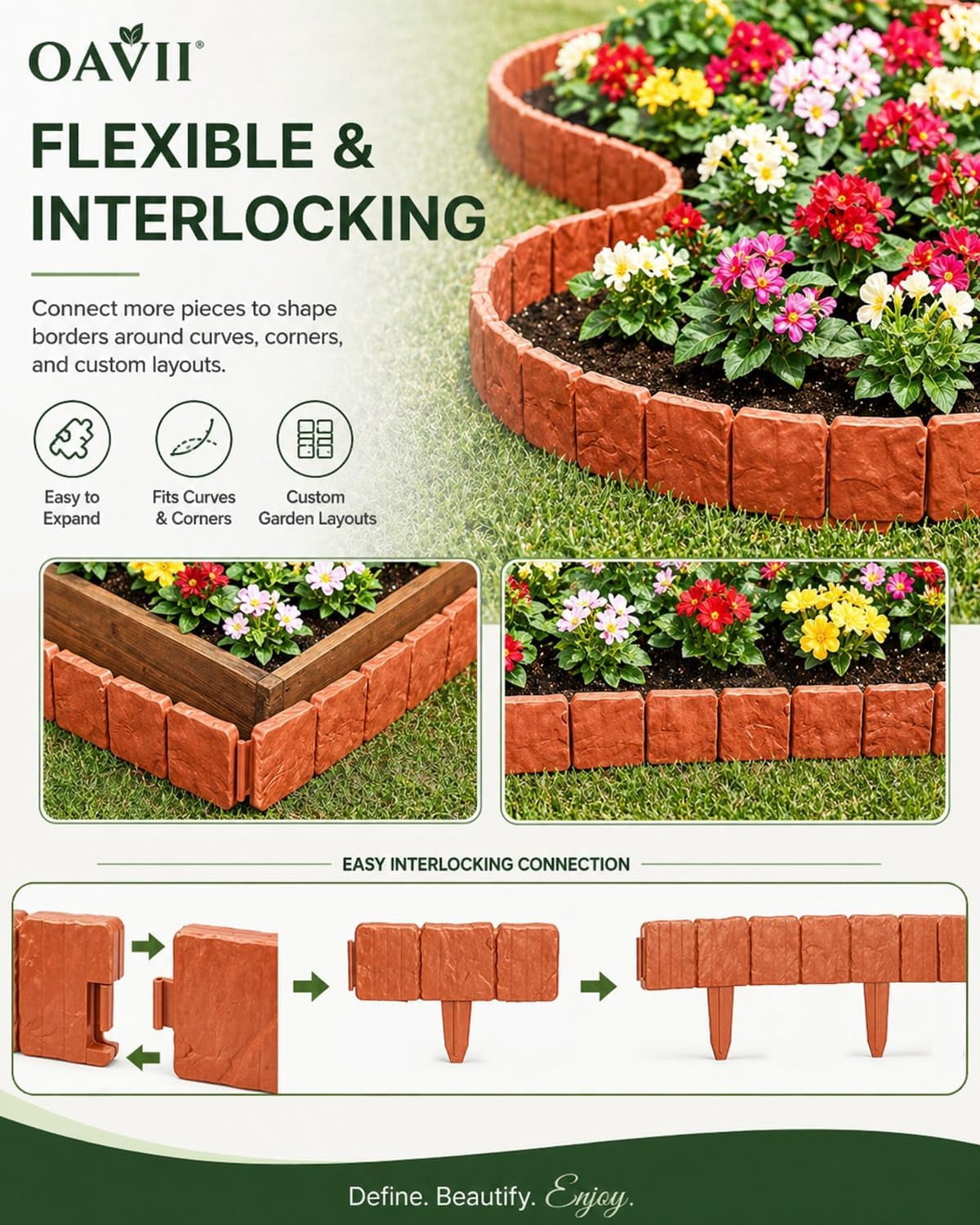 Imitation Stone Garden Fence, Stone-Look Lawn Edging Border for Flower Beds, Plastic Garden Retaining Edging Fence, Flexible Interlocking Landscape Edging, No Dig Decorative Lawn Border