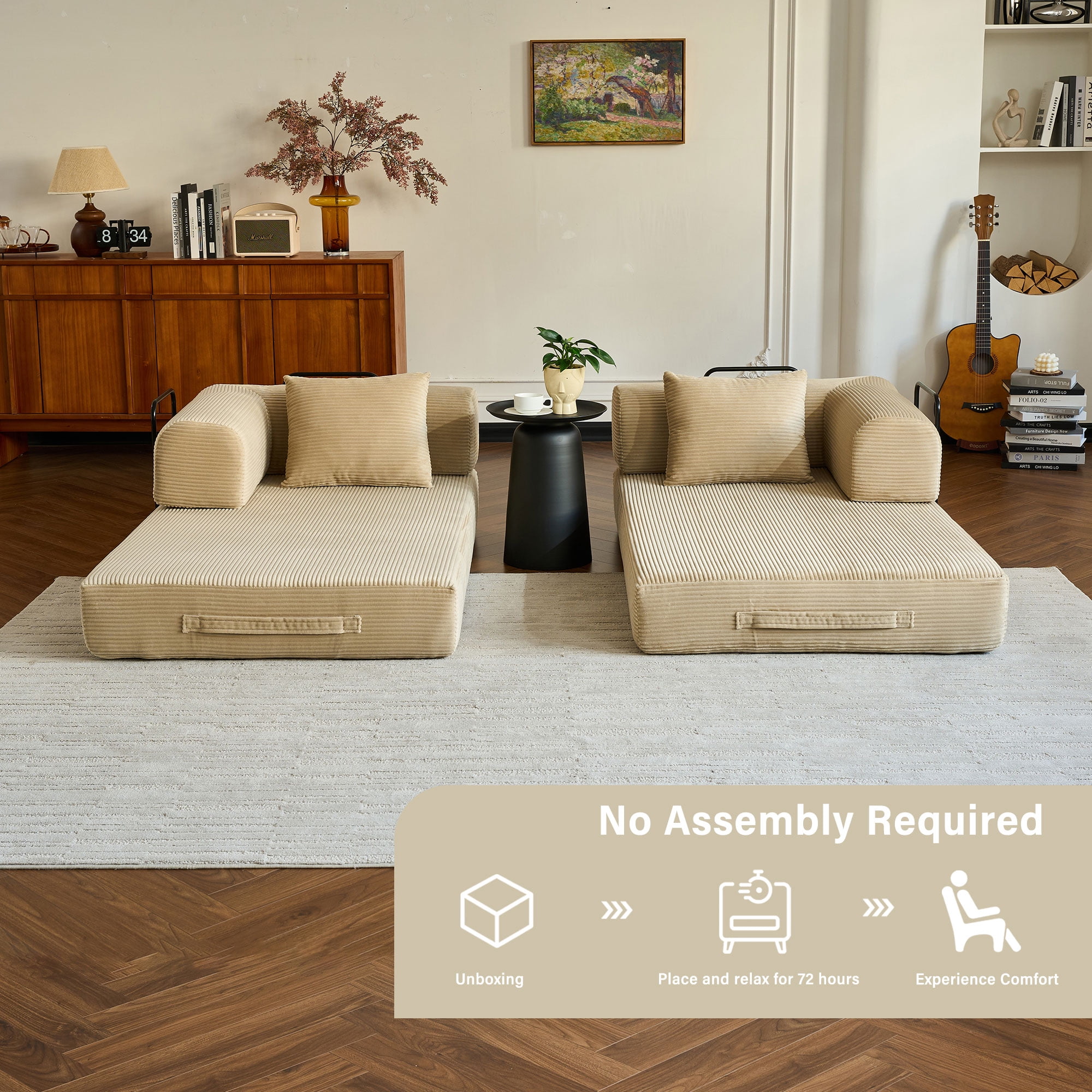 59" 5-in-1 Convertible Corduroy Sofa Bed, No-Assembly Boneless Loveseat Pull-Out Sleeper for Small Spaces(Beige)