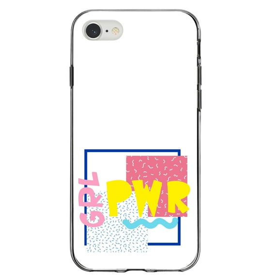 DistinctInk Clear Shockproof Hybrid Case for iPhone 7 8 SE (2020 Model) 4.7" Screen TPU Bumper Acrylic Back Tempered Glass Screen Protector - Girl Power - GRL PWR - Retro 80's Look